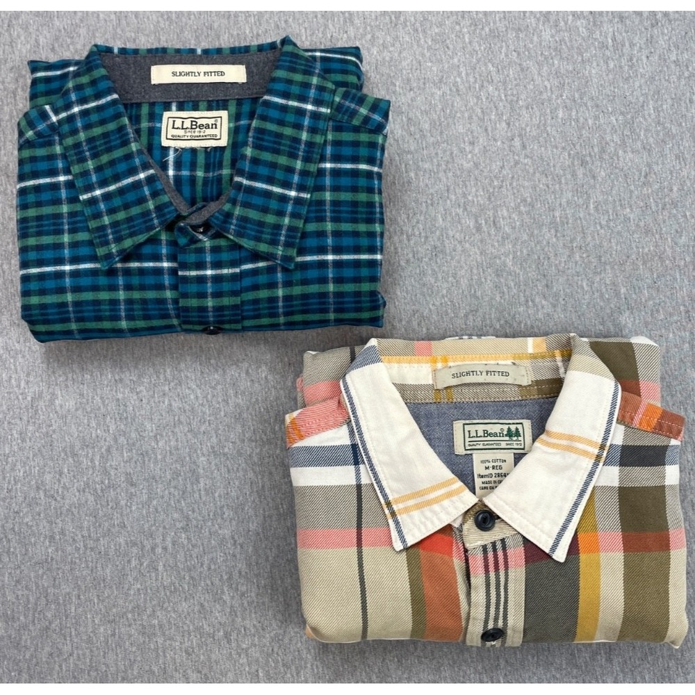 LL Bean Shirt Mens Medium Plaid 100% Cotton Pockets Fitted Button Up - Lot of 2